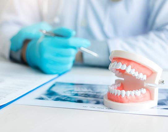 A closeup of dentures next to a dentist